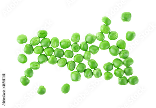 Fresh green peas on a white background, top view.