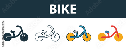 Baby Bike icon set. Four elements in diferent styles from baby things icons collection. Creative baby bike icons filled, outline, colored and flat symbols