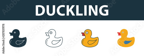 Toy Duck icon set. Four elements in diferent styles from baby things icons collection. Creative toy duck icons filled, outline, colored and flat symbols