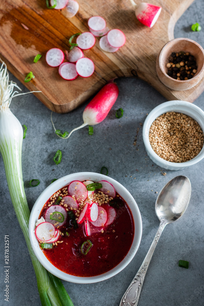 Bowl with vegetarian beet soup