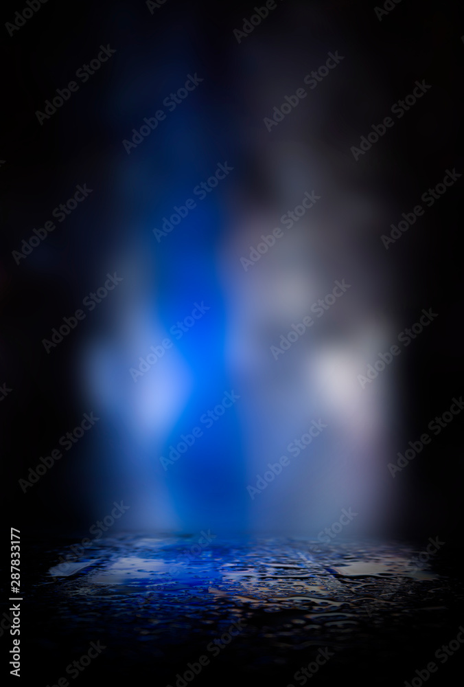 Dark background with lines and spotlights, neon light, night view. Abstract blue background.