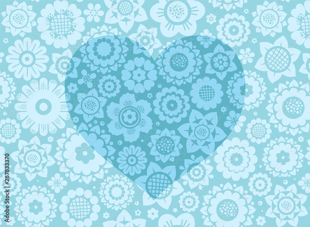 Heart, card, floral background, color, light blue, vector. Blue heart on a bright flower field. Color, flat picture. 