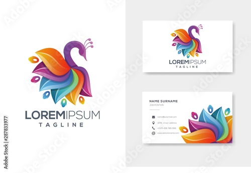 Colorfull abstract peacock logo design vector with business card design