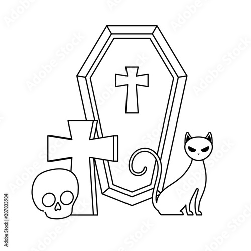 cat feline with icons of halloween