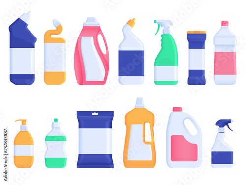 House cleaning products. Set of plastic detergent bottles isolated on white background photo