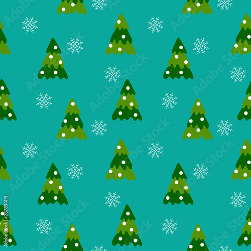 Vector Seamless pattern. Green Christmas trees and falling snowflakes on a blue background. Design for fabric © Надежда Аксенова