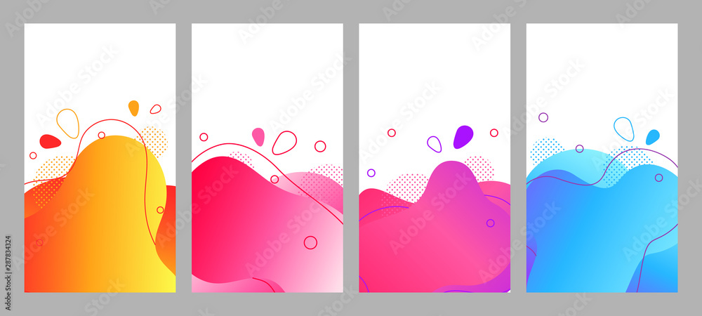 Abstract fluid social media background set. Wavy bubble web banner, screen, mobile app neon colorful design. Flowing liquid gradient shapes. Geometric social network stories theme template pack