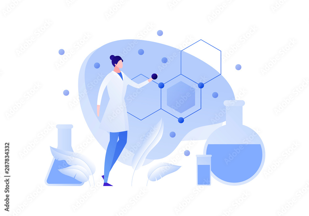 Vector flat chemistry science people illustration. Female scientist holding atom with formula and tube on background. Concept of biochemistry, research, analysis Design element for banner, poster, web
