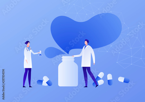Vector flat medicine illustration. Male and female doctor team and bottle with pills symbol on low poly background. Concept of pharma industry. Design for banner, poster, web