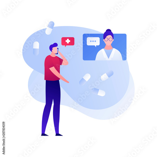 Vector flat doctor patient online conversation illustration. Male talking with girl medic on screen by phone with pill background. Concept of tele medicine. Design element for poster, web