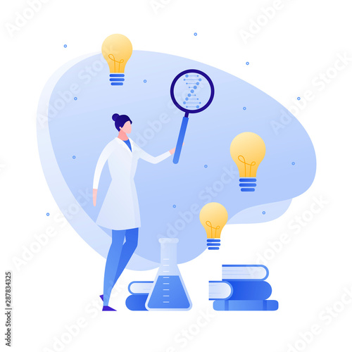 Vector flat medical science character illustration. Woman scientist with lab tube, magnifier, and books. Concept of idea, success, discovery, genetic, innovation. Design for banner, poster, web, flyer