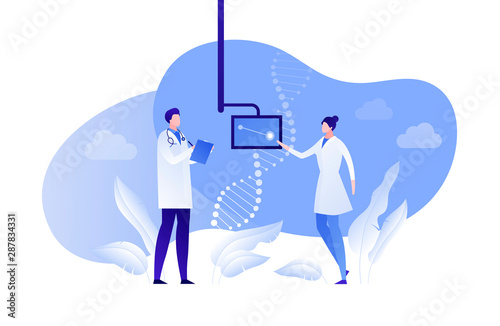 Vector flat genetic science people illustration. Scientist team with dna symbol on screen isolated on white background. Concept of gene study, research, analysis Design element for banner, poster, web
