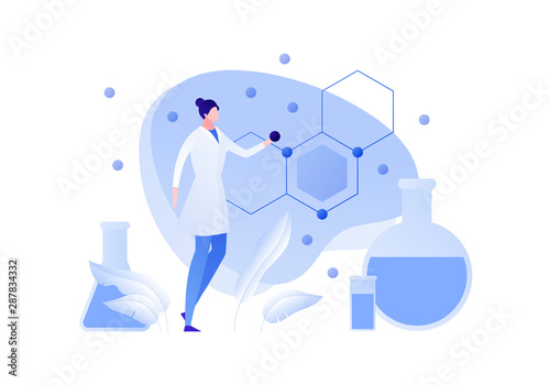 Vector flat chemistry science people illustration. Female scientist holding atom with formula and tube on background. Concept of biochemistry, research, analysis Design element for banner, poster, web