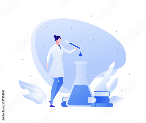 Vector flat medical science character illustration. Woman scientist with lab tube and books. Concept of chemistry, physics, bio engineering, innovation. Design for banner, poster, web, flyer