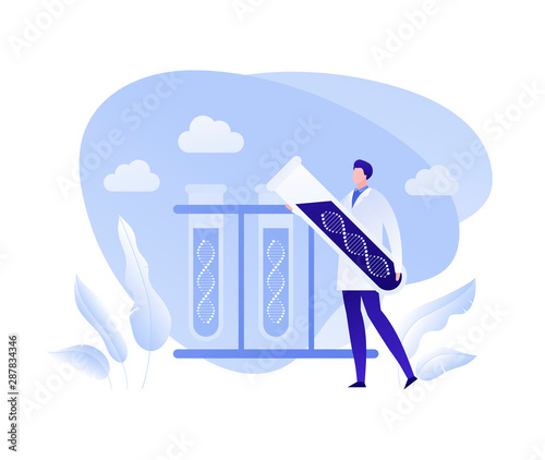 Vector flat genetic science people illustration. Scientist with laboratory tube and dna spiral symbol liquid. Concept of gene engineering, therapy, innovation. Design element for banner, poster, web