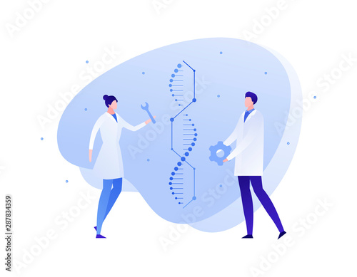Vector flat genetic science people illustration. Scientist team work with engineered gene spiral . Concept of dna, rna, editing, biology innovation. Design element for banner, poster, website