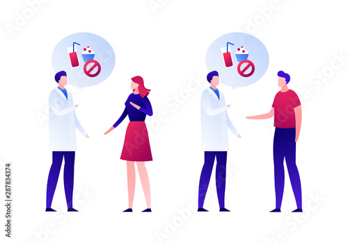 Vector flat nutrionist consultation character illustration. Male and female patient talk with dietologist isolated on white. Concept of sugar free health food. Design element for banner, poster, web