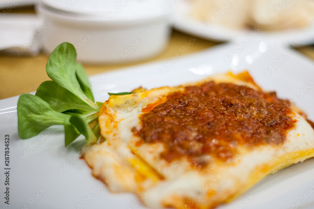 Lasagna served on a white plate with salad. Italian food. Lasagna served on a white plate with salad. Italian food.