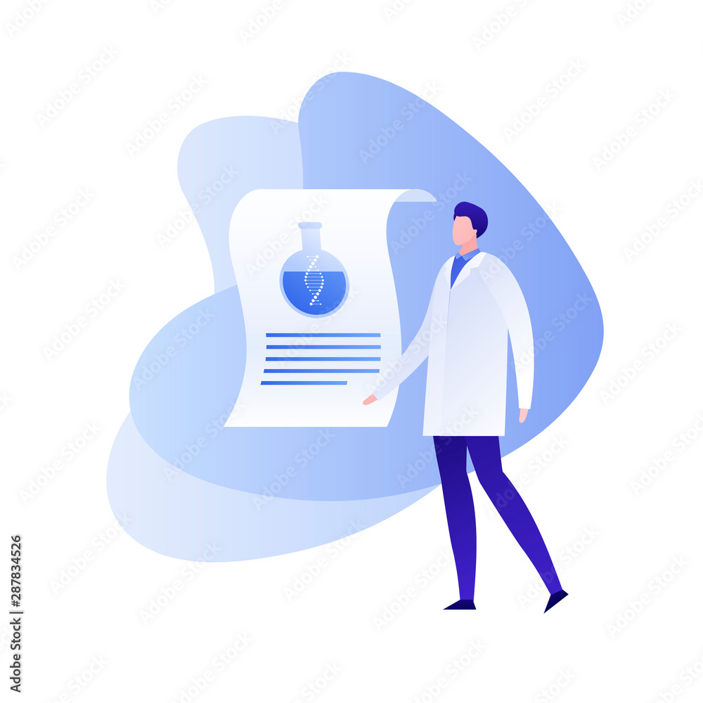Vector flat genetic science illustration. Male character in coat uniform with paper with tube with dna. Concept of gene study, engineering, innovation. Design element for banner, poster, website
