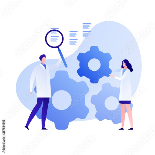 Vector flat science character illustration. Scientist team with magnifier and wheels. Concept of big data, cloud, tech study, engineering, innovation. Design element for banner, poster, web, flyer