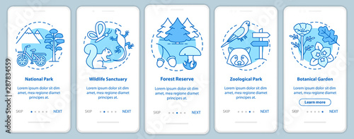 Protected areas for biodiversity blue onboarding mobile app page screen with linear concepts. Wildlife sanctuary walkthrough steps graphic instructions. UX, UI, GUI vector template with illustrations
