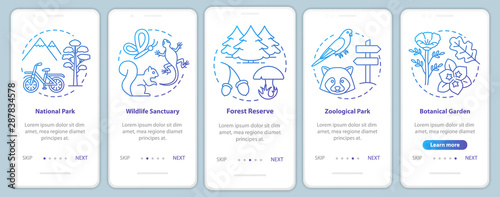 Protected areas for biodiversity blue onboarding mobile app page screen with linear concepts. Zoological park walkthrough steps graphic instructions. UX, UI, GUI vector template with illustrations