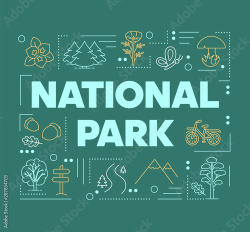 National park word concepts banner. Mountains and woods. Forest reserve. Natural foliage. Presentation, website. Isolated lettering typography idea with linear icons. Vector outline illustration