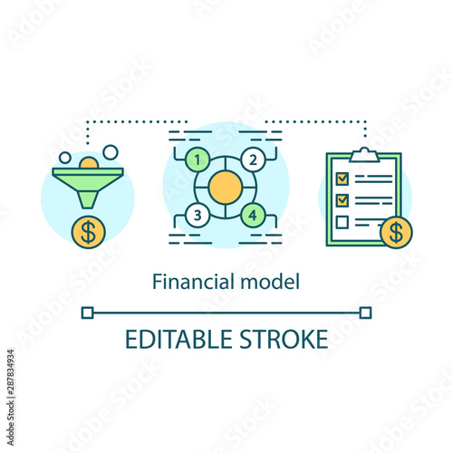 Financial model concept icon. Corporate budget and financing strategy idea thin line illustration. Cash flow statement and audit. Market segmentation. Vector isolated outline drawing. Editable stroke