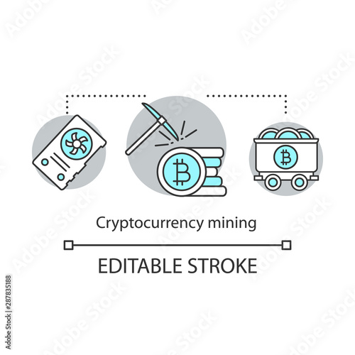 Cryptocurrency mining concept icon. Bitcoin obtaining idea thin line illustration. Financial transaction validation. Electronic money. Vector isolated outline drawing. Editable stroke