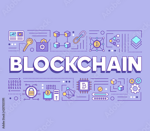 Blockchain technology word concepts banner. Virtual currency mining. Cryptocurrency server. Presentation, website. Isolated lettering typography idea with linear icons. Vector outline illustration