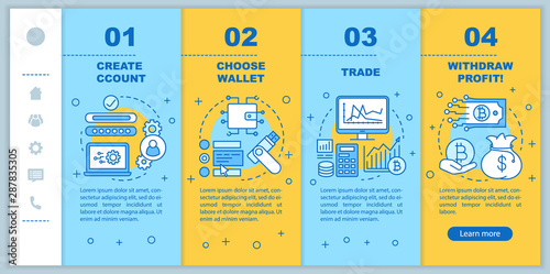 Cryptocurrency trading onboarding mobile web pages vector template. Crypto exchange service. Responsive smartphone website interface idea with linear illustrations. Webpage walkthrough step screens