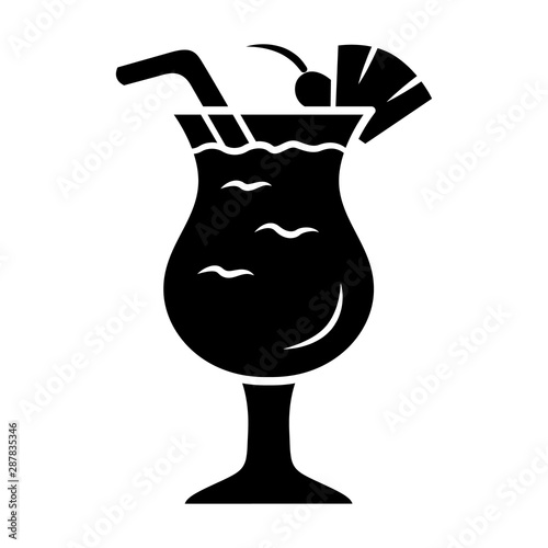 Pina colada glyph icon. Footed glass with drink, slice of fruit and straw. Refreshing alcohol beverage. Mix with rum, pineapple juice. Silhouette symbol. Negative space. Vector isolated illustration