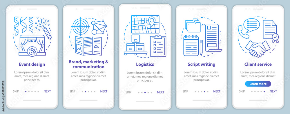 Event management, planning onboarding mobile app page screen with linear concepts. Brand, marketing and communication, client service. Walkthrough graphic instructions. UX, UI, GUI vector template