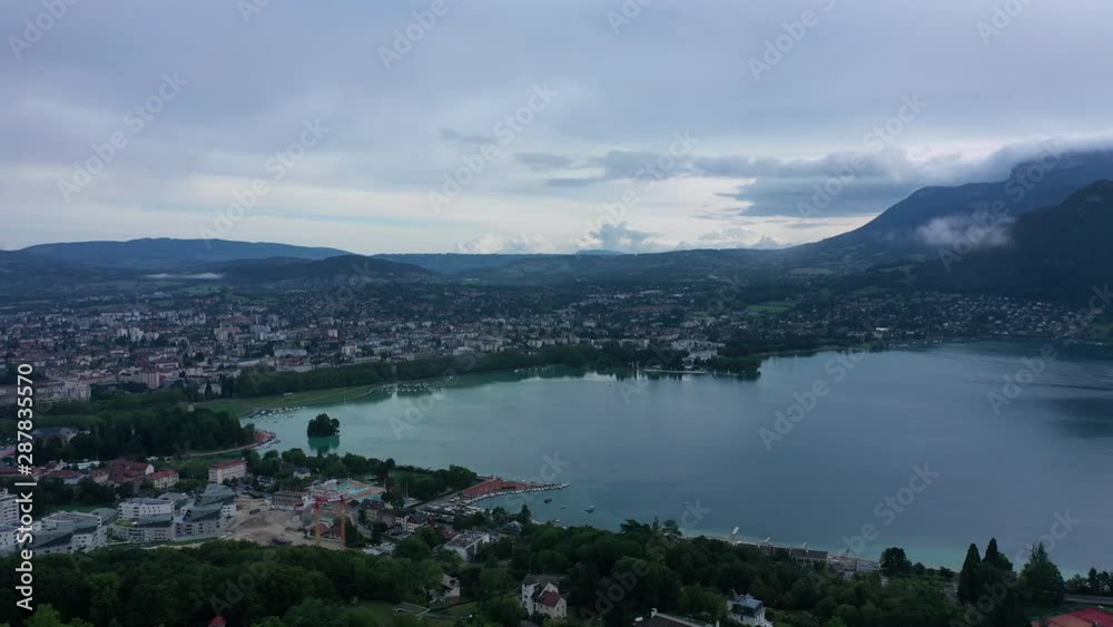 Multiple shots of Lake Annecy France seen from the sky with drone Multiple shots of Lake Annecy France seen from the sky with drone