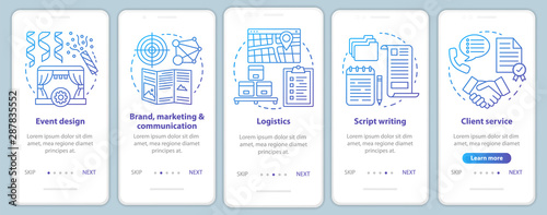 Event management, planning onboarding mobile app page screen with linear concepts. Brand, marketing and communication, client service. Walkthrough graphic instructions. UX, UI, GUI vector template