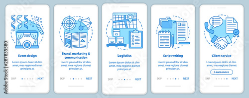 Event management, planning onboarding mobile app page screen with linear concepts. Brand, marketing and communication, client service. Walkthrough graphic instructions. UX, UI, GUI vector template