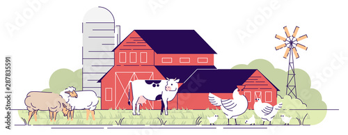 Farmyard flat vector illustration. Livestock farming, animal husbandry, agriculture cartoon concept with outline. Village farmland with domestic animals on barnyard isolated on white background