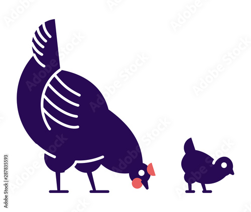 Chicken with chick pecking flat vector illustration. Domestic bird breeding concept. Dark blue hen isolated design element with outline. Poultry farming, hennery symbol on white background