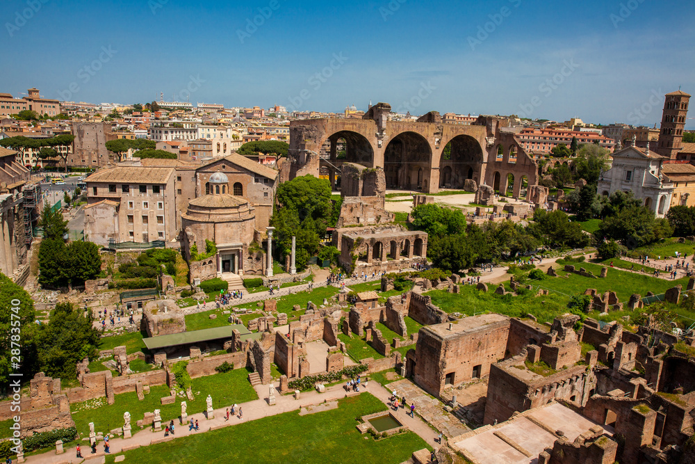 View of the ancient ruins of the Roman Forum in Rome