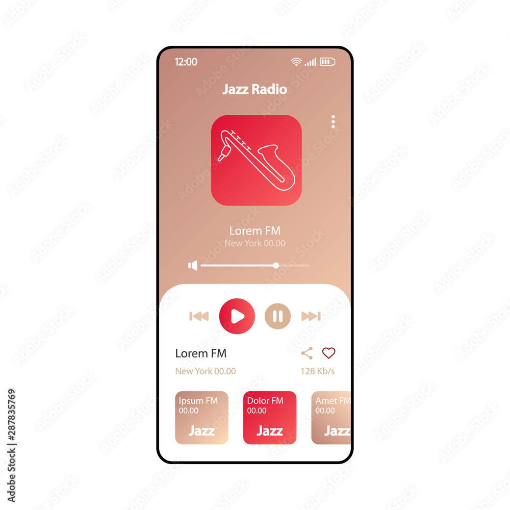 Vecteur Stock Jazz FM radio smartphone interface vector template. Mobile  music player app page gradient design layout. Audio playlist, albums  listening screen. Flat UI for application. MP3 player. Phone display | Adobe