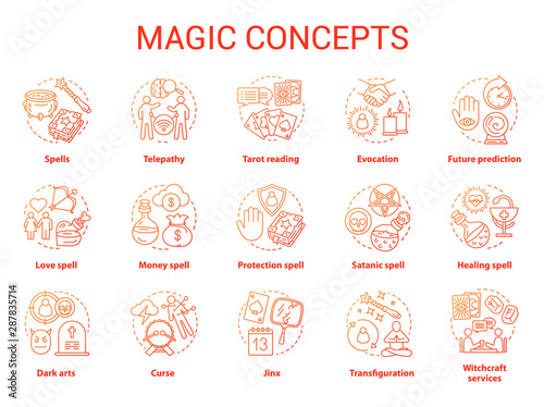 Magic concept icons set. Occultism, sorcery and witchcraft idea thin line illustrations. Various spells and alchemy potions. Fortune telling and tarot reading service. Vector isolated outline drawings