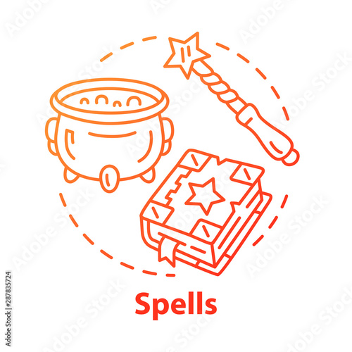 Spells concept icon. Witchcraft and wizardry idea thin line illustration. Wizard, magician equipment, mystic accessories. Witch cauldron, magic wand and grimoire vector isolated outline drawing