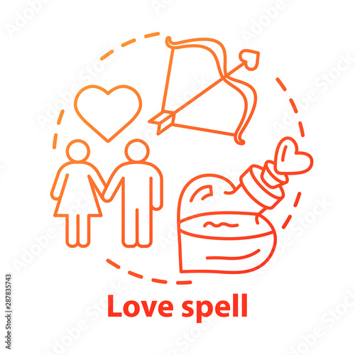 Love spell concept icon. Witchcraft and alchemy idea thin line illustration. Philtre, affection elixir. Cupid bow, couple in love and magic potion vector isolated outline drawing. Wizardry service