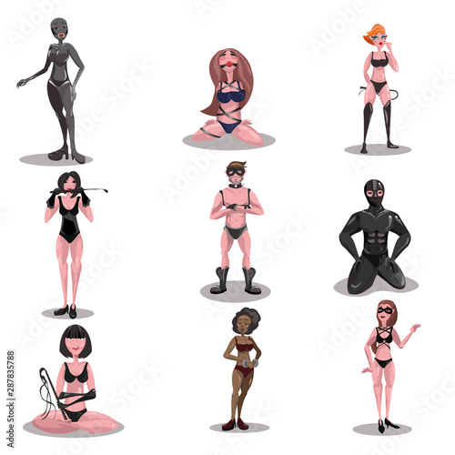 BDSM mistress and slave set. Raster illustration in flat cartoon style