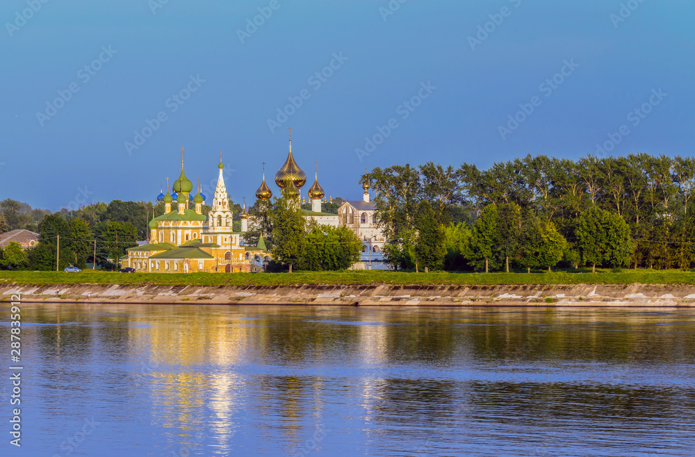 The view of the Resurrection Cathedral and the Cathedral of St. John the Baptist from the Volga river in the ancient town of Uglich, Yaroslavl region, Russia