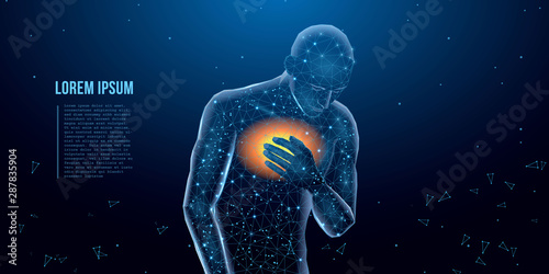 The body of a young man suffering from pain and pressing his arm to his chest. Allegory of health and pain. Tired man with severe chest pain. Low poly concept. Vector illustration
