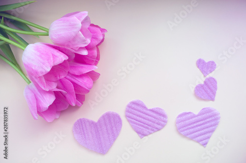 Several beautiful flowers lie next to purple-tinted hearts cut out of polyethylene. View from above