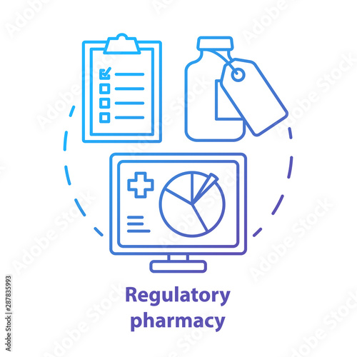 Pharmacy concept icon. Regulatory pharmacology idea thin line illustration. Medicine effectiveness and safety tests. Newly developed drug research. Vector isolated outline drawing