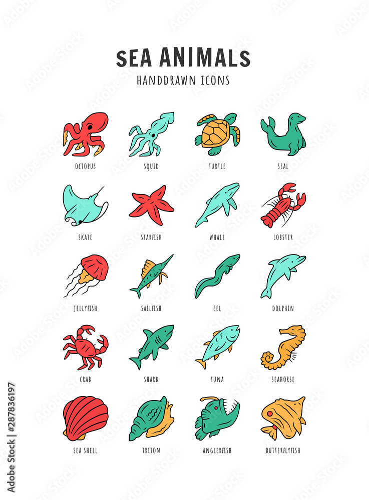 Obraz premium Sea animals color icons set. Turtle, jellyfish, lobster, skate, butterflyfish. Swimming mollusk and fish. Underwater wildlife. Ocean inhabitants. Aquatic creatures. Isolated vector illustrations