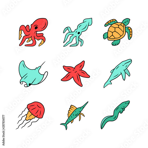 Sea animals color icons set. Swimming octopus, starfish, squid, jellyfish. Marine aquarium. Whale, skate, turtle. Underwater world inhabitants. Floating mollusk and fish. Isolated vector illustrations